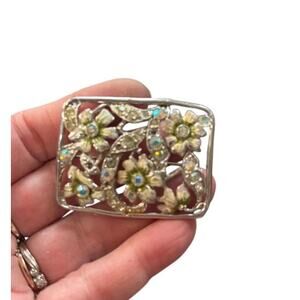 Vintage Rhinestone Floral Brooch Silver Tone Enamel Flower Openwork Statement